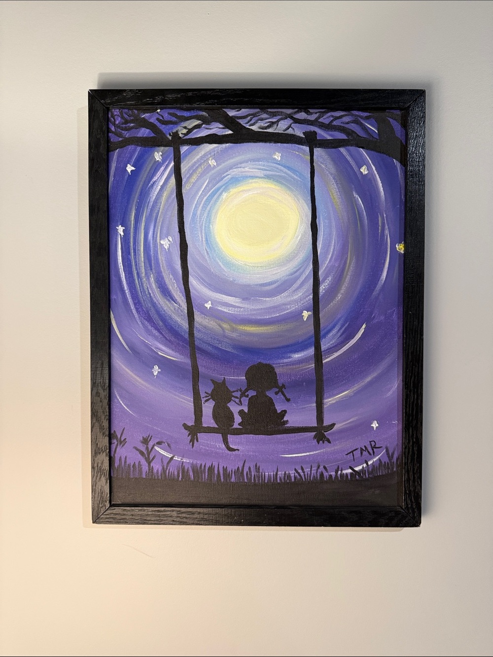 Hand Painted Silhouette Girl with her Cat on a Swing - Hand Made Wooden Frame